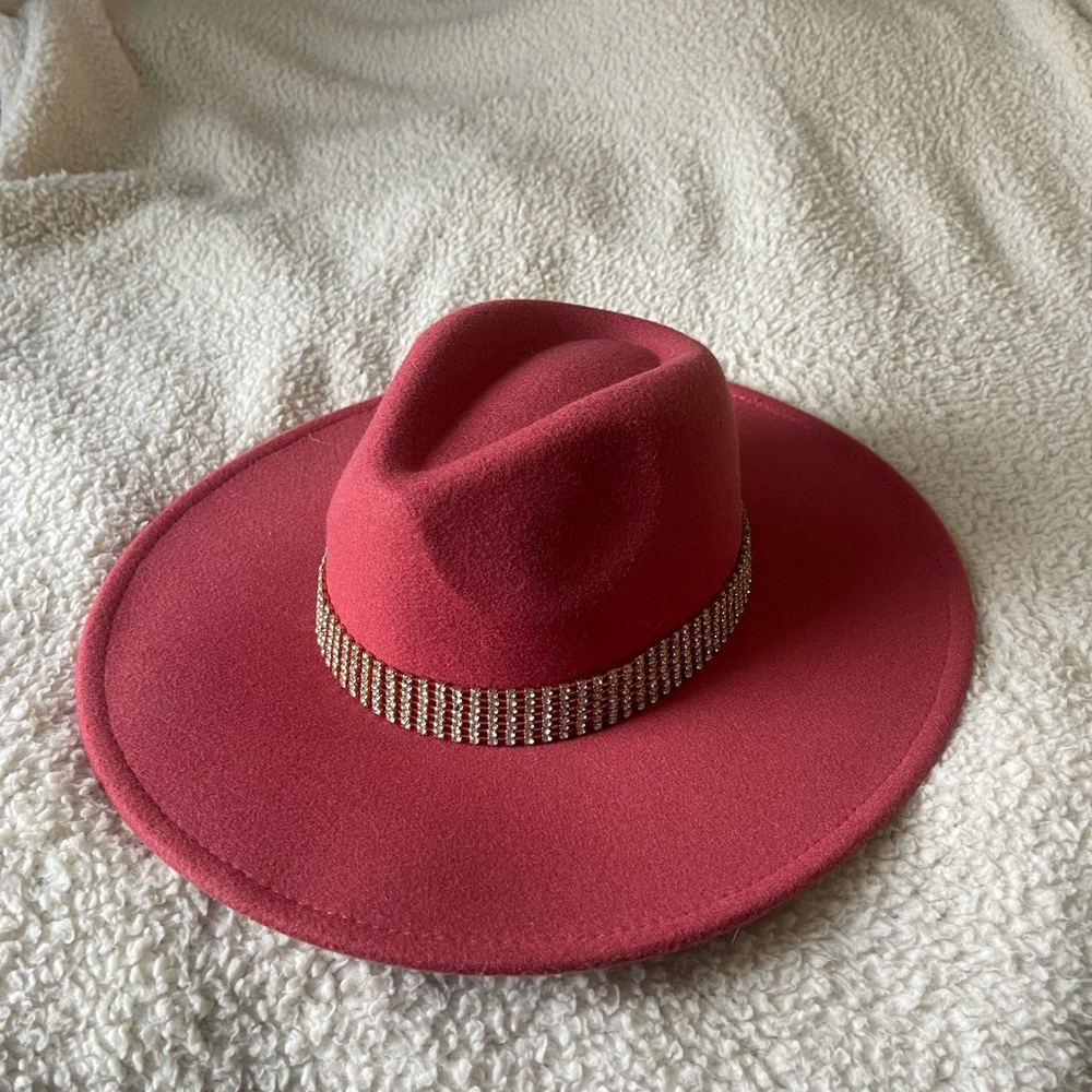 Elegant Red Women's Hat with Embellished Band
